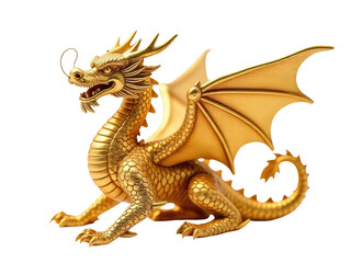 Naklejka premium A golden dragon statue sits on a white surface