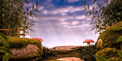 Fantasy Mushrooms on Mossy Rocks with Dreamy Sky Background