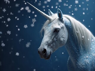 fantasy portrait of a white unicorn made of snowflakes, generative ai  