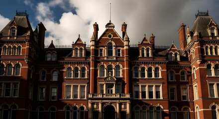 Majestic victorian gothic revival architecture of a grand red brick building under a dramatic cloudy sky