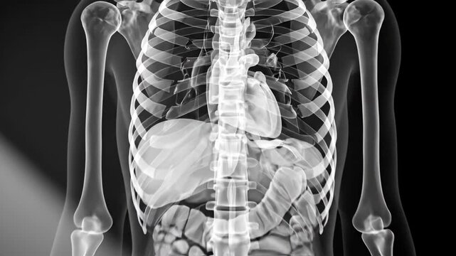 Detailed x-ray image of a human torso showing skeletal and internal organs