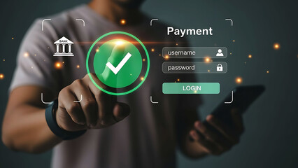 Man Using Secure Online Banking Payment Interface on Virtual Screen