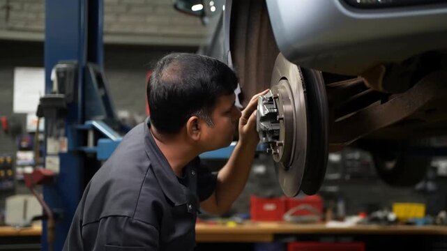 A mechanic carefully examining the brakes of a car in a service bay. He is focused on the task at hand Stock Video