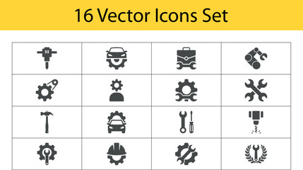 Industrial and Mechanical Service Icons Set. Including mechanical tools, drill, car, toolbox, 
wrench, gear, helmet, and more. Solid vector icons set