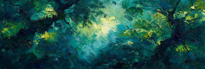 Deep Dense Green Forest Canopy Oil Painting Style Illustration for Mysterious Nature Texture and Dreamy Jungle Background

