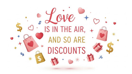 A vibrant promotional graphic celebrating love with discounts surrounded by shopping bags and hearts