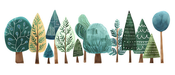 Hand Drawn Watercolor Forest Tree Row Border Illustration Isolated on White Background for Nordic Nature Decoration

