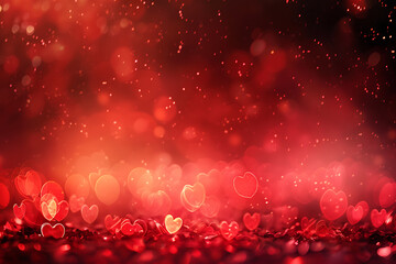 Red Heart Shapes with Falling Glowing Particles Rain Background for Romantic Valentine's Day Bokeh Concept

