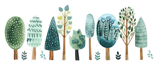 Hand Drawn Watercolor Forest Tree Row Border Illustration Isolated on White Background for Nordic Nature Decoration


