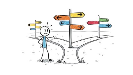 Confused Stick Figure at a Crossroads with Multiple Directional Signs.