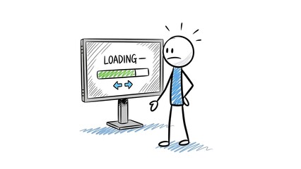 Frustrated Stick Figure Waiting for Computer Loading Bar to Complete.