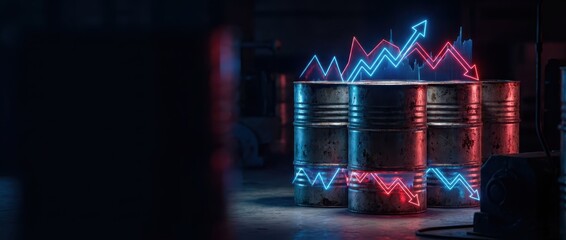 Oil Barrel with Neon Price Fluctuations Oil price surge , Oil price crisis concept