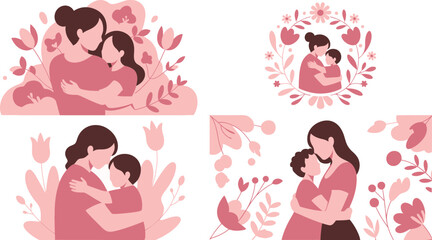 Fototapeta premium Tender illustrations of mothers embracing their children surrounded by stylized floral elements