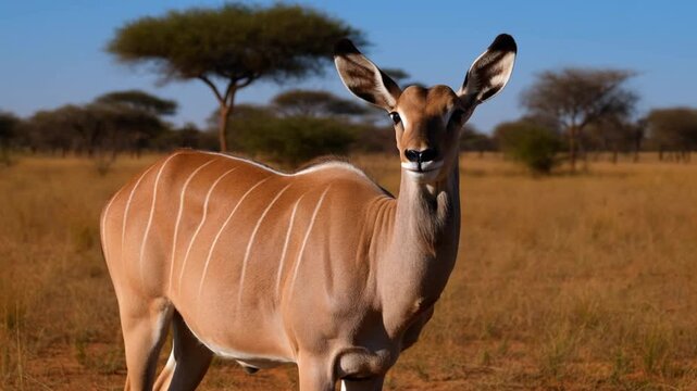 A majestic kudu antelope standing in a savanna landscape, radiating confidence and grace. Its elegant form and striking features capture the essence of the wild Stock Video
