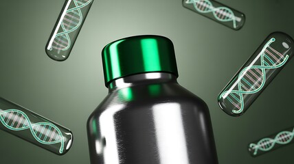 Nutrition supplement bottle with dna structure for health science concept
