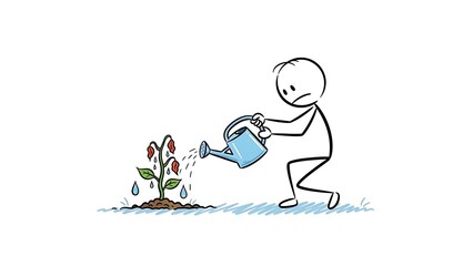 Sad Stick Figure Watering a Dying Plant with a Watering Can.