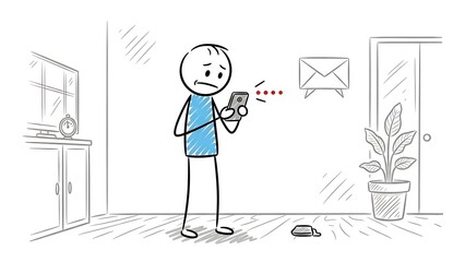Sad Stick Figure Man Looking at Phone with Bad News Notification.