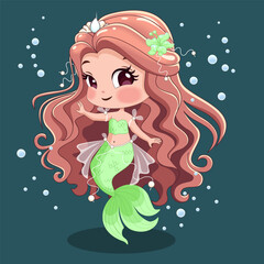 Cute Green Mermaid Girl Cartoon Illustration