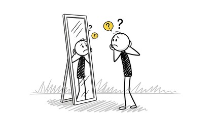 Stick Figure Confused by Reflection in Mirror with Question Marks.