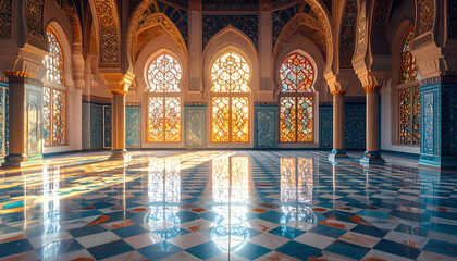 Ornate Arabian Hall with Sunlit Windows and Mosaic Floor