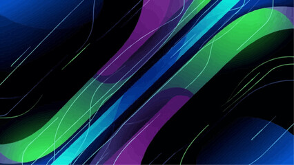 A dark abstract background features overlapping colorful waves and subtle linear patterns in blue, green, and purple.