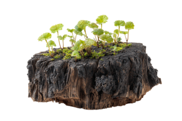 Fresh saplings sprouting from weathered stump isolated on transparent background