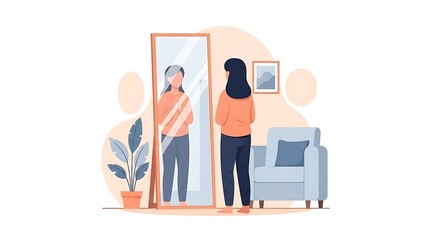 Woman Looking in Mirror Reflecting Self Confidence and Personal Growth.
