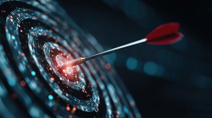 arrow hitting target in the digital realm using data and cyber technologies, highlighting business success. perfect for digital marketing concepts, technological achievements.