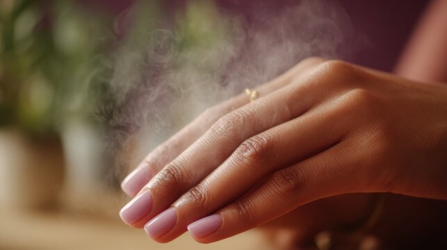 Medium shot capturing the steam technique in a waterless manicure with subtle steam rising near hands for softened cuticles and easy nail care.