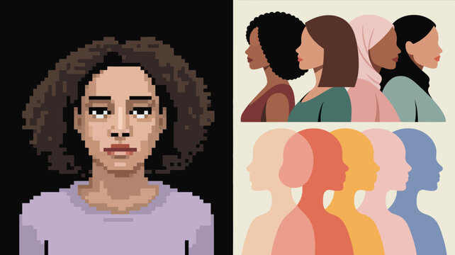Three compelling illustrations showcasing diverse women, profiles, and a unique pixelated portrait