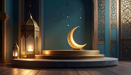 Moon Crescent on Pedestal with Lanterns in Elegant Oriental Setting