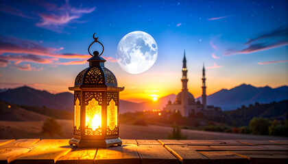 Lantern on Wooden Table with Full Moon and Mosque in Background at Sunset