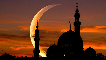 Silhouette Mosque and Crescent Moon at Sunset