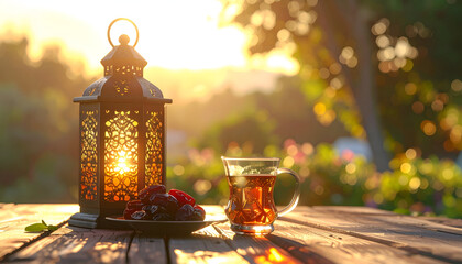Lantern and Tea on Wooden Table at Sunset Garden