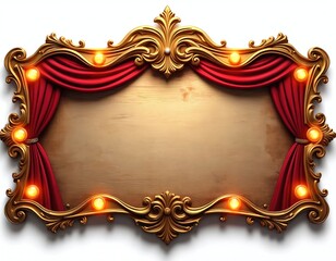 Ornate golden frame with red curtains, glowing bulbs surrounds blank wood sign. Vintage style empty signboard for circus show announcement theater poster. Retro entertainment display, festive event