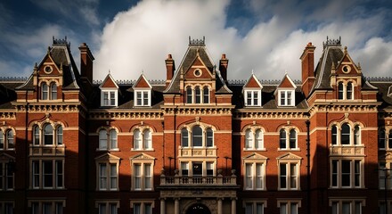 Fototapeta premium Ornate victorian red brick apartment building facade with intricate architectural details and dramatic cloudy sky above