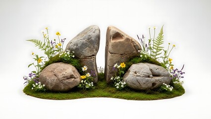 Obraz premium Rocks and flowers on grass isolated on white background