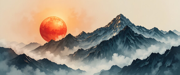Vibrant orange moon rising over rugged mountain peaks with misty clouds