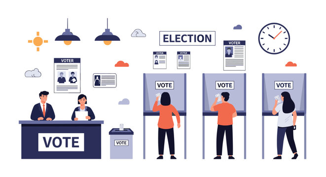 People participate in democratic election process by casting their votes at polling station with booths and officials.
