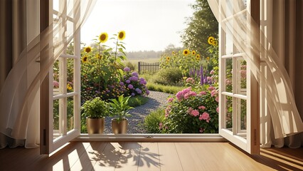 Beautiful garden view through open window with blooming flowers and sunshine © Ramdani