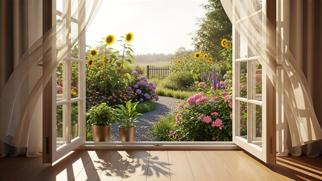 Beautiful garden view through open window with blooming flowers and sunshine