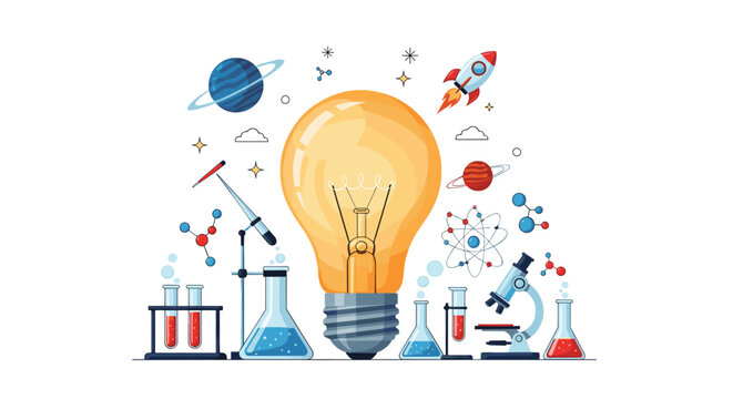 Creative science and innovation concept features a large lightbulb surrounded by laboratory tools, chemical flasks, and space elements. - Powered by Adobe