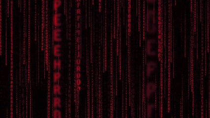 A dark background with red binary code streaming down, creating a sense of digital chaos and cyberpunk atmosphere.