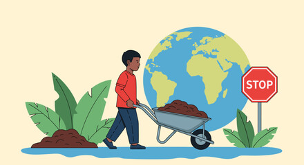 Young boy pushing a wheelbarrow full of soil in front of the planet earth and a stop sign, addressing climate change.
