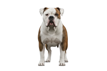 A strong and muscular American Bulldog standing in a powerful stance, for pet care branding, dog training content, or veterinary advertising. Purebred canine isolated on a white background.