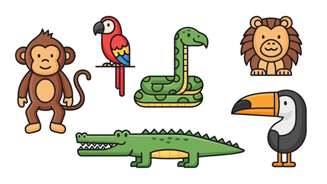 Colorful group of cartoon jungle animals including monkey, parrot, snake, lion, alligator, and toucan in a playful illustration.