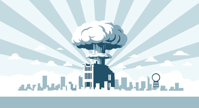 Powerful black and white illustration of a nuclear mushroom cloud rising above the horizon of a devastated urban landscape.