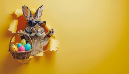 Easter background with a funny bunny in dark glasses peeking out of a hole in yellow paper with a basket of colorful Easter eggs