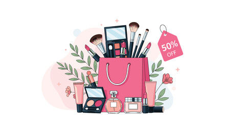 Fashionable shopping bag overflowing with various makeup products and cosmetics with half price discount tag offer.