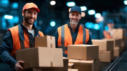 Smiling warehouse workers in safety vests handling cardboard boxes on conveyor belt - Powered by Adobe